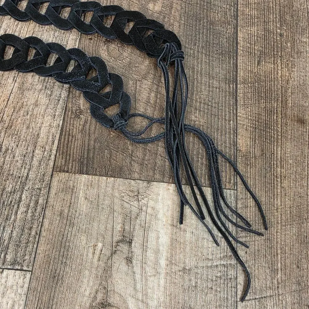 Vintage Braided Belt Waist Boho Western Fringe Festival Waist Belt Black Suede